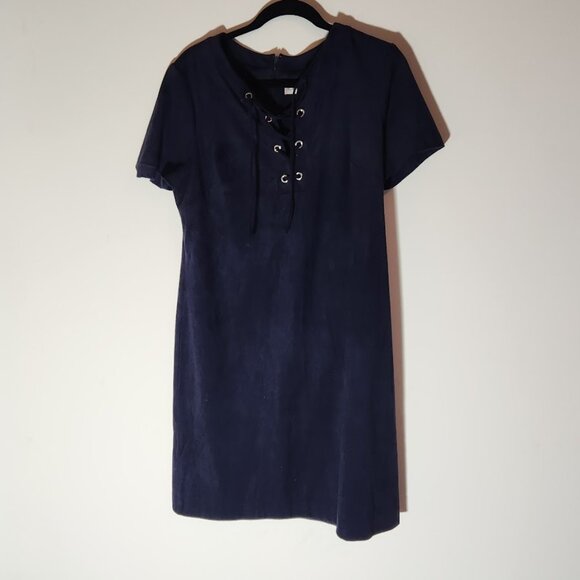 Eliza J Faux Suede Lace-Up Short Sleeve Shift Dress Business Navy Blue Size 14 - Picture 1 of 5